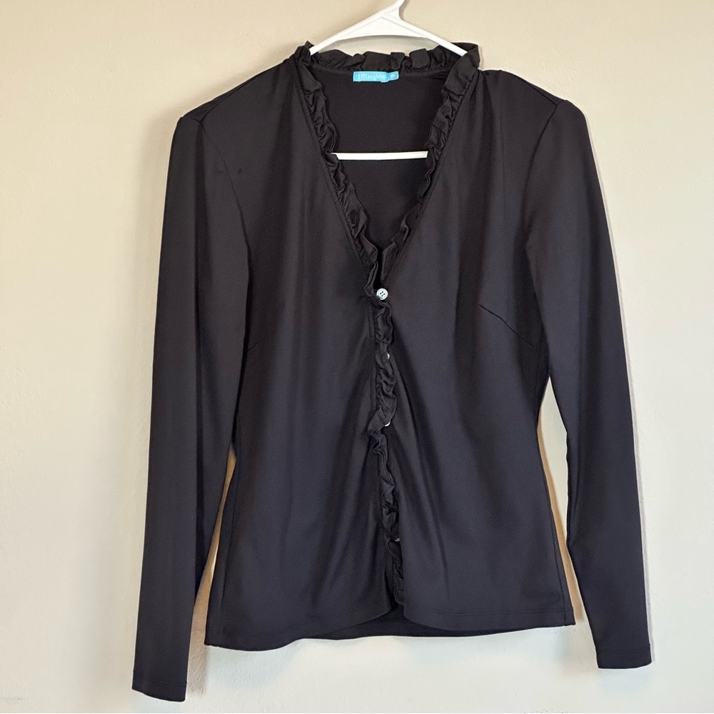 J. McLaughlin‎ Black Button Up Ruffled Long Sleeve Blouse Womens XS Stretch